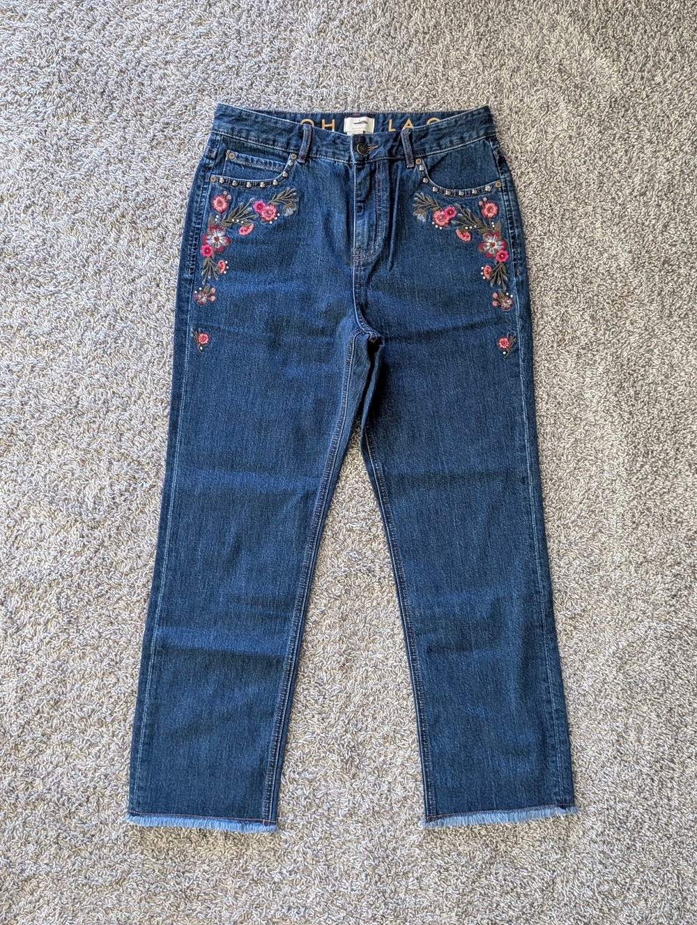 Kate Spade Broome Street ditsy floral embroidered raw hem straight leg jeans